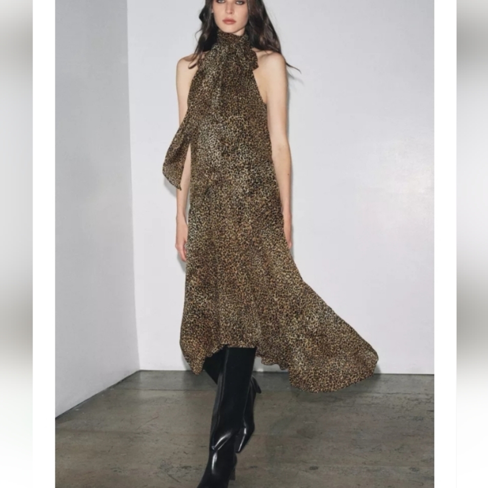 Zara Zw Collection Leopard Print Halter  Neck With Long Tie Flowy Dress Sz-L